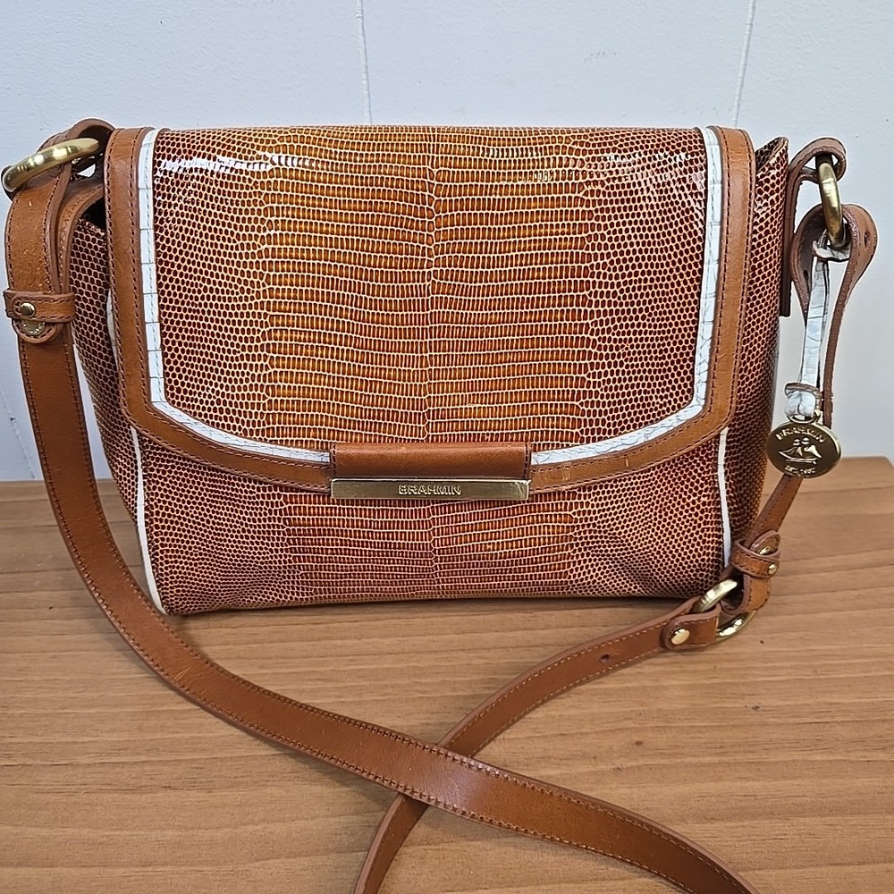 Brahmin Brown Leather‎ Snake Embossed Satchel Crossbody Purse Oxford Flap